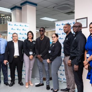 Some of GBTI Leadership team members welcome Shamar Joseph and members of the Guyana Cricket Board to the Water Street branch